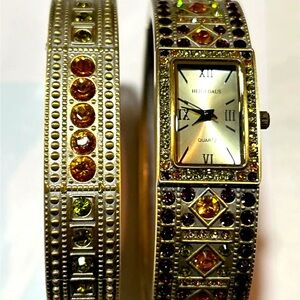 Heidi Daus Double Trouble 2 Piece Bangle Watch Set TOPAZ Swarovski Crystals NEW